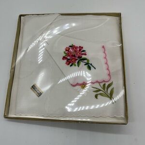 Vintage Box Fehrlin Embroidered Red Flowers White Handkerchief Hanky Switzerland